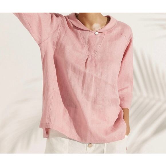 Linitco JADE Linen V-Neck Top Shawl Collar Pink Size L Relaxed Chic High-Low - Picture 4 of 7